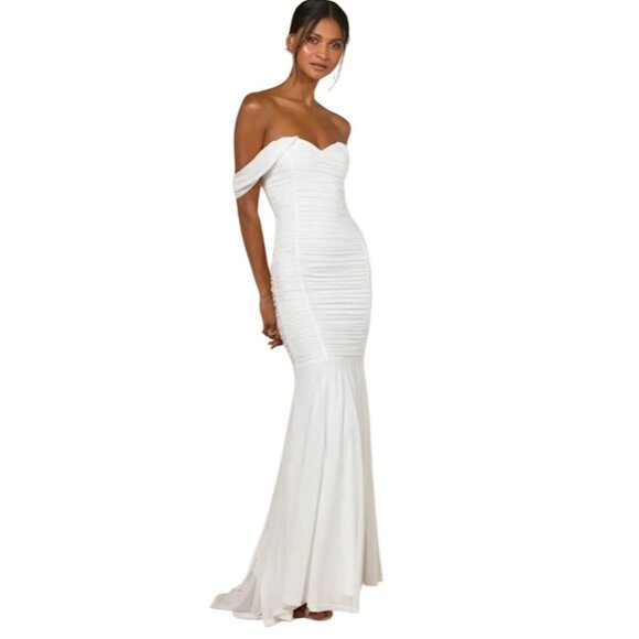 Lulus Ruched Romantic White Mesh Off-the-Shoulder Mermaid Maxi Dress, Size M - Picture 1 of 16